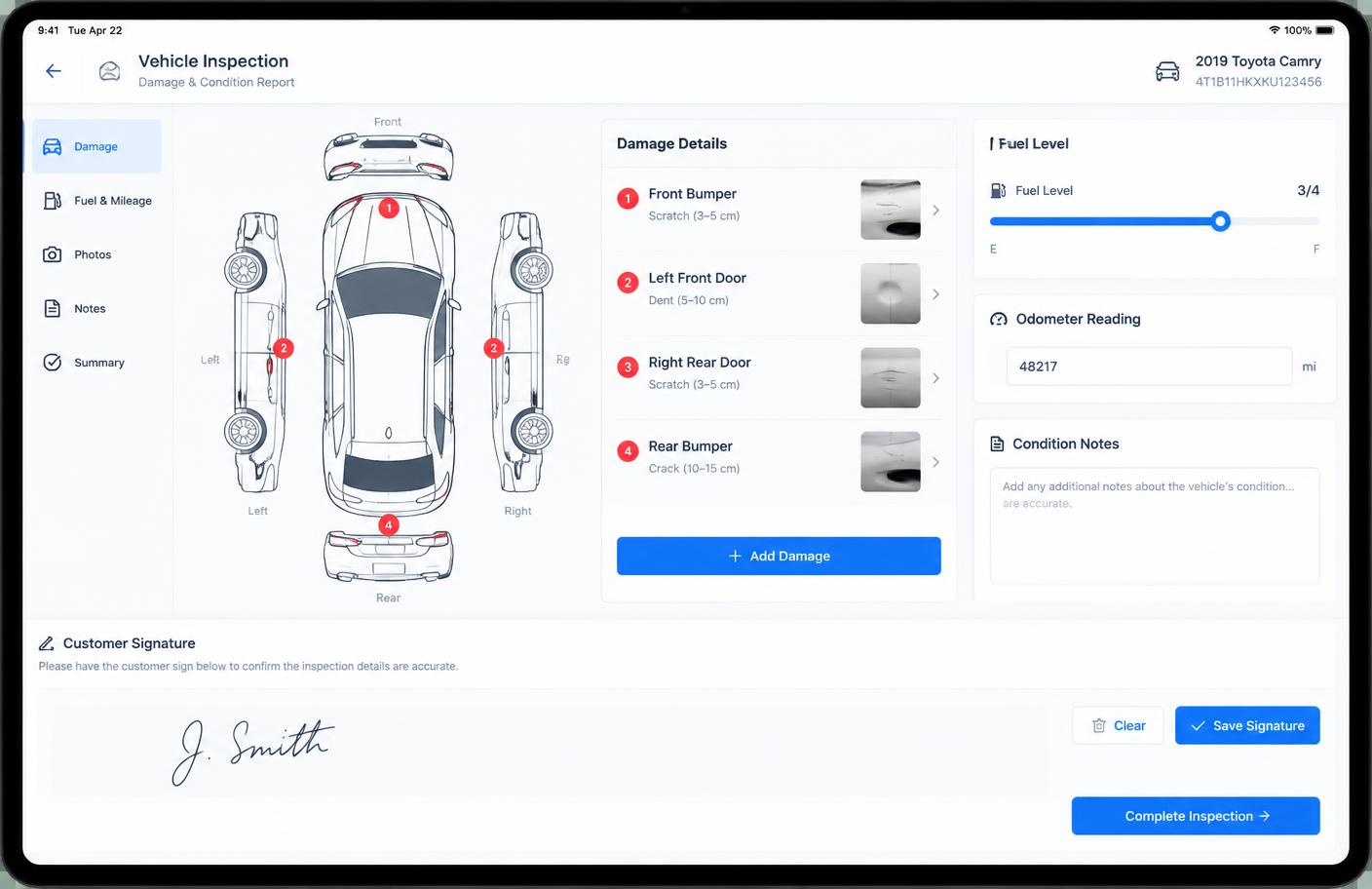 Damage inspection with e-signature